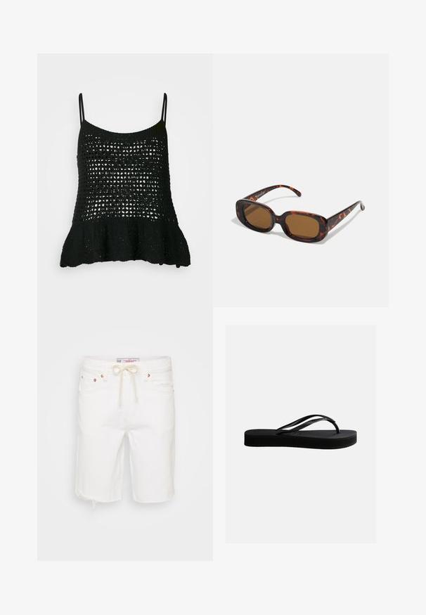 Débardeur noir en tricot avec un motif en crochet lâche, des bretelles fines et un ourlet évasé pour plus de forme et de texture.; Shorts en denim blanc avec un ourlet effiloché, featuring une taille à cordon, cinq poches et des accents en métal couleur cuivrée.; Tongs en caoutchouc noir avec semelle texturée et bride en forme de Y, vues de côté sur un fond clair uni.; Lunettes de soleil en écaille de tortue avec une forme rectangulaire, verres marron, monture en plastique lisse et branches fines avec des motifs tonals subtils.