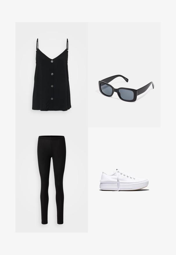 Schwarzes Top mit dünnen verstellbaren Trägern, einem V-Ausschnitt und sechs Knöpfen auf der Vorderseite. Weicher Stoff mit glatter, leichter Textur.; Schwarze Leggings aus einem weichen, dehnbaren Material. Sie haben eine schlanke Passform mit einem elastischen Bund und einer glatten, matten Textur.; Weißer Canvas-Sneaker mit niedrigem Schnitt, dicker Plateau-Sohle, vorderer Schnürung und rauer Gummikappe an der Spitze, aus seitlicher Ansicht gezeigt.; Schwarze rechteckige Sonnenbrille mit dunkel getönten Gläsern, dickem Kunstrahmen und breiten Bügeln. Glatte Oberfläche und kantiges Design.