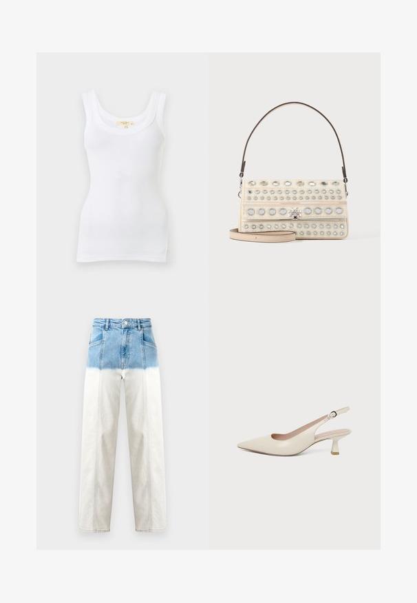 Weißes geripptes ärmelloses Tanktop mit Rundhalsausschnitt, flach auf hellem Hintergrund dargestellt.; Jeans aus Denim mit der oberen Hälfte in Blau, die nach unten zu Weiß verblasst. Hochgeschnittenes Design, gerade Passform und sichtbare Nähte.; Slingback-Schuh in Creme mit spitzer Schuhspitze, kleinem geschwungenem Kittenabsatz und verstellbarem Schnallenriemen.; Beige rechteckige Handtasche mit silbernen runden Nieten, einem kurzen Griff, einem abnehmbaren langen Riemen und einem zentralen Metall-Logo-Verschluss.