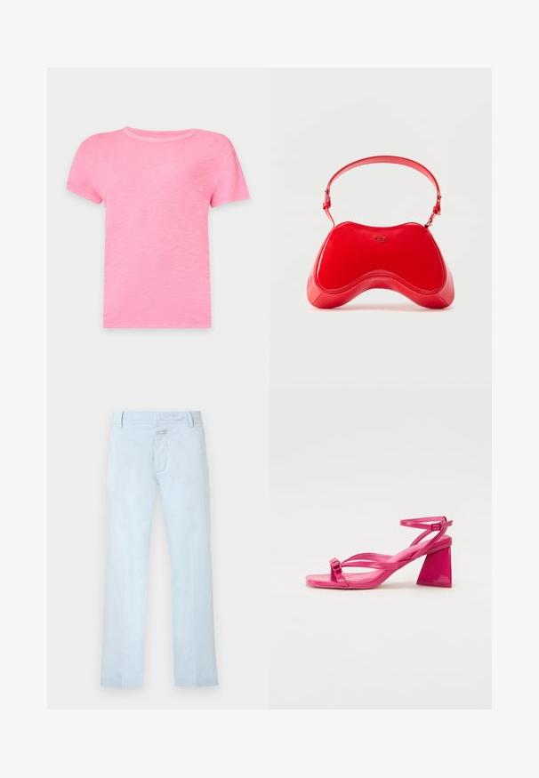 Schlichtes pinkfarbenes T-Shirt mit kurzen Ärmeln und Rundhalsausschnitt, flach auf hellem Hintergrund präsentiert, keine sichtbaren Muster oder Logos.; Hellblaue, gerade geschnittene Hose mit vorderen Taschen, Gürtelschlaufen und verdecktem Knopf- und Reißverschluss.; Rosa Lackleder-Sandaletten mit Absatz, rechteckiger Zehenpartie, schmalen Riemen und geometrischem Blockabsatz. Mit einer Schnallenverzierung am Riemen.; Rote Lackledertasche mit geschwungener, ergonomischer Form, ausgestattet mit einem dünnen, verstellbaren Riemen und einem dezenten Logo-Akzent auf der Vorderseite.