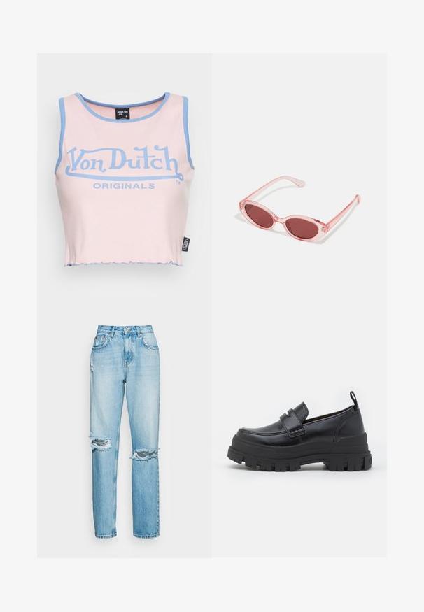 Lyserød ribbede crop top med lyseblå kant og et stort blåt "Von Dutch" logo. Har en rå kant og et label på siden.; ONLY ONLROBYN DESTROY - Jeans Relaxed Fit - light blue dnm; Sort læderloafer med tyk rillede sål, mok tå syning, remdetalje over toppen og trækstrop på hælen, vist i sideprofil.; Lyserøde transparente solbriller med ovale linser, mørkerød toning og slanke stænger, der har en glat overflade og diskret detaljering på rammen.