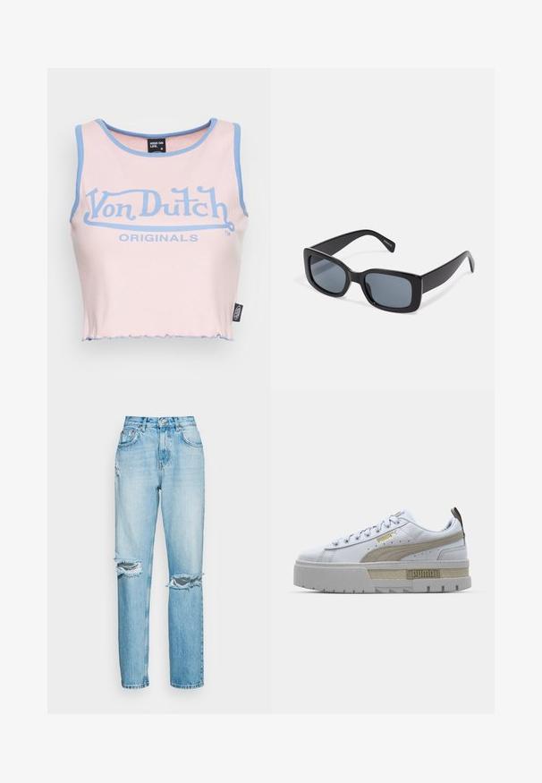 Top court en coton rose à côtes avec un bord bleu clair et un grand logo « Von Dutch » bleu. Il présente une finition brute et une étiquette sur le côté.; ONLY ONLROBYN DESTROY - Jean boyfriend - light blue dnm; Baskets blanches avec une bande beige proéminente, une semelle épaisse grise et des accents dorés. Elles possèdent des lacets ronds et un rabat de langue texturé avec un logo.; Lunettes de soleil rectangulaires noires avec des verres teintés foncés, monture en plastique épaisse et branches larges. Surface lisse et design angulaire.