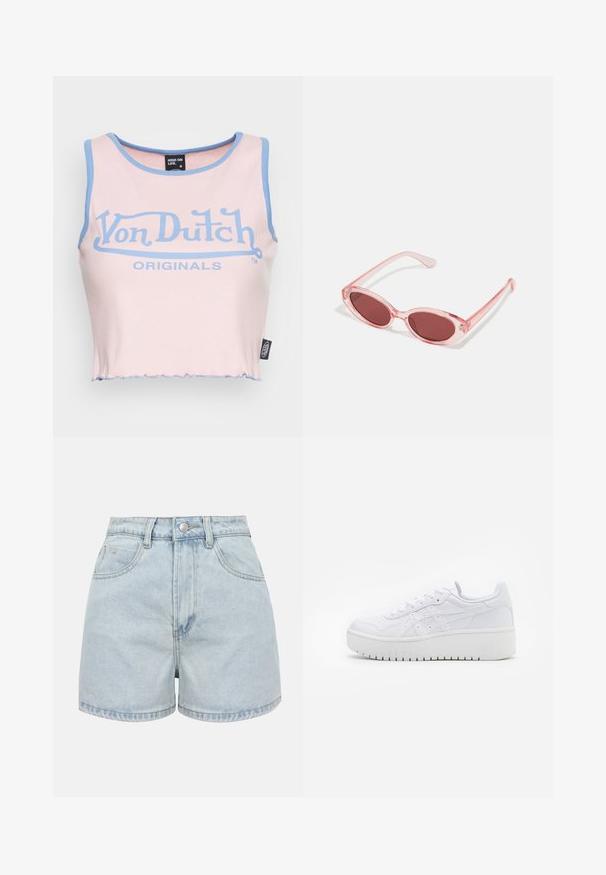 Ružový rebrovaný crop top s jasne modrým lemom a veľkým modrým logom "Von Dutch". Má surový lem a etiketu na boku.; Svetlomodré džínové kraťasy s vysokým pásom, predným gombíkom, zipsom a dvoma vreckami vpredu na jednoduchom pozadí.; Biele platformové tenisky s hladkou koženou textúrou, perforovanými detailami a plochými šnúrkami; majú hrubú bielu gumovú podrážku.; Ružové priehľadné slnečné okuliare s oválnymi šošovkami, tmavočerveným tónovaním a štíhlymi ramenami, so hladkým povrchom a jemnými detailmi na ráme.