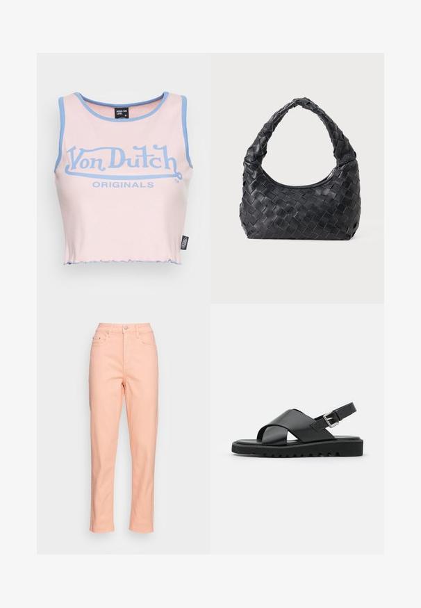 Roze geribbelde crop top met lichtblauwe afwerking en een groot blauw "Von Dutch" logo. Heeft een rauwe zoom en een label aan de zijkant.; b.young BYKATO BYKELONA - Slim fit jeans - coral cloud; Zwarte leren sandalen met een kruisbandontwerp, verstelbare gesp en een gestructureerde zool met ribbels voor grip.; Zwarte leren geweven schoudertas met een ronde handgreep en een maansvormig lichaam op een effen achtergrond.
