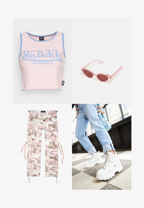 Top corto de canalé rosa con ribete azul claro y un gran logo azul de "Von Dutch". Presenta un dobladillo sin rematar y una etiqueta en el costado.; Pantalones cargo de camuflaje en tonos rosas y beiges, de material de algodón, que cuentan con varios bolsillos y cordones de ajuste en los puños.; Zapatillas blancas gruesas con suelas gruesas, cordones en la parte delantera y etiqueta de marca. Combinadas con unos jeans azul claro con puños sobre un suelo estampado.; Gafas de sol transparentes rosas con lentes ovalados, tinte rojo oscuro y varillas delgadas, con un acabado suave y detalles sutiles en la montura.
