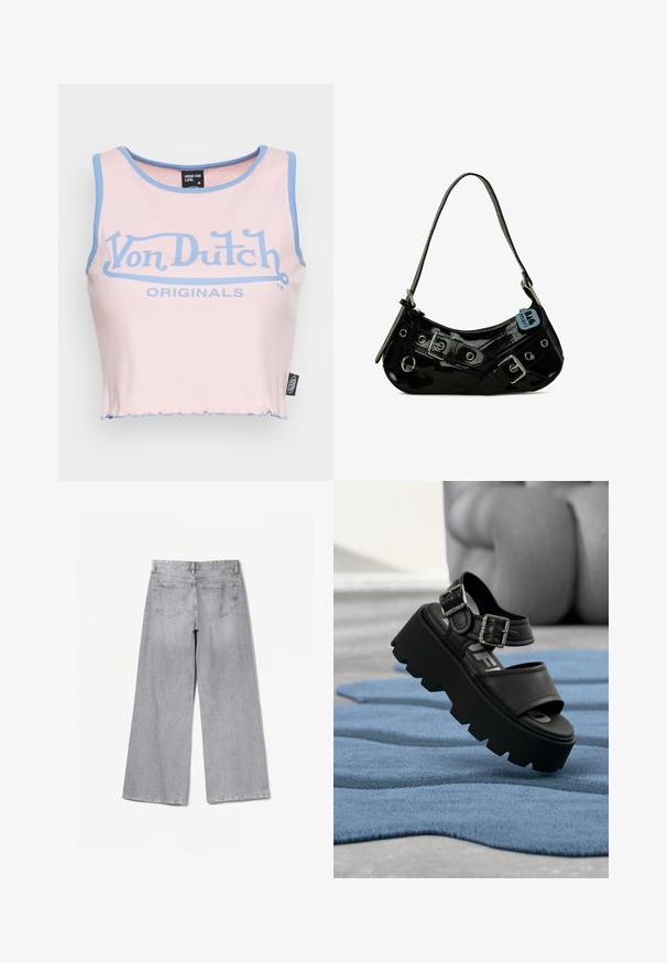 Lyserød ribbede crop top med lyseblå kant og et stort blåt "Von Dutch" logo. Har en rå kant og et label på siden.; Grå brede jeans med høj talje, der har en glat tekstur, to baglommer og subtile syninger.; Sort chunky platformsandal med to sølvspænder på blåt tekstureret tæppe, sløret grå skulptur i baggrunden.; Sort lakeret skuldertaske med en buet form, udsmykket med sølvhardware, dekorative spænder og en kort rem. Blå mærkat vedhæftet.