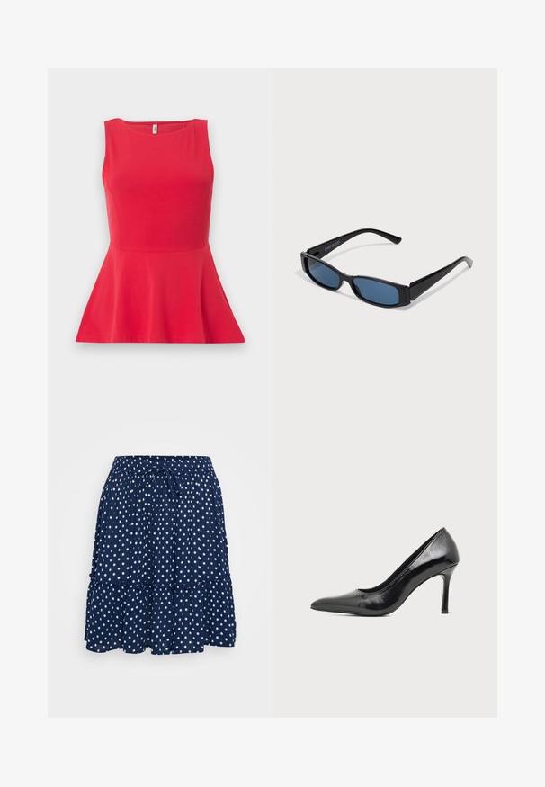 Top rojo sin mangas con peplum, cuello redondo y cintura ajustada, exhibido sobre un fondo liso.; Falda en azul marino, de cortes en capas, confeccionada en una tela ligera, con un patrón de lunares y un lazo en la cintura ajustable para un ajuste cómodo.; Zapato de tacón alto de mujer en piel negra patentada, con punta puntiaguda y tacón delgado, sobre un fondo claro y liso.; Gafas de sol negras con una elegante montura rectangular y lentes azules. Presentan una textura suave y varillas resistentes. Logo de la marca en el costado.
