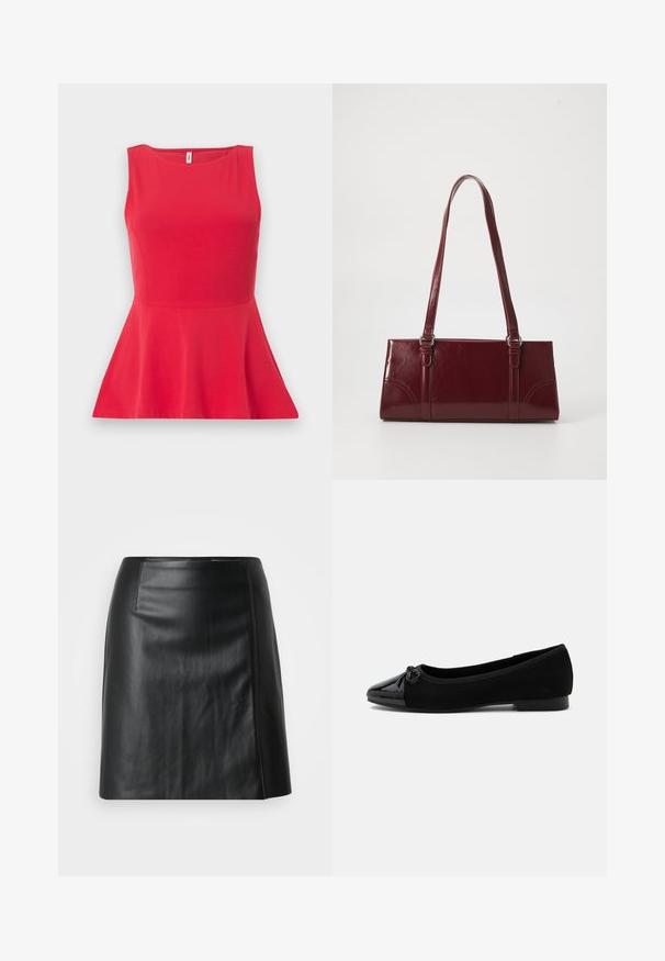Červený top bez rukávov s peplum, okrúhlym výstrihom a priliehavým pásom, zobrazený na jednoduchom pozadí.; Čierna kožená sukňa, A-línie, hladká textúra, s bočným rozparkom. Predstavuje jemné prešitie pozdĺž švov pre dodatočný detail.; Čierne baleríny s lakovanou špičkou, malým mašľovým detailom a nízkym podpätkom na bielom pozadí.; Bordová kabelka vyrobená z lesklého materiálu, obdĺžnikový tvar, s dvoma ramennými popruhmi a jemnými zakrivenými akcentmi na prednej strane.