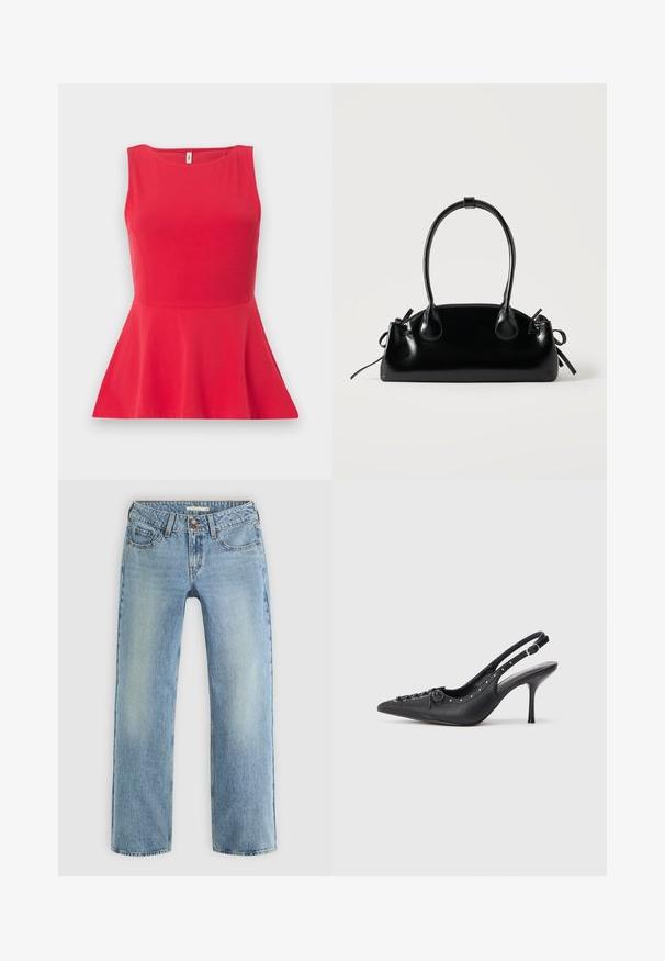 Rotes ärmelloses Peplum-Oberteil mit rundem Ausschnitt und tailliertem Schnitt, vor einfachem Hintergrund präsentiert.; Hellblaue gerade geschnittene Jeans aus Denim, mit Knopfverschluss, fünf Taschen und subtiler Ausbleichung entlang der Beine.; Schwarzer Leder-Slingback-Stiletto mit spitzem Zehenaufsatz, seitlichem Schnallenriemen, Nieten entlang der Kante und dekorativer Schnürung vorne.; Kleine schwarze glänzende Handtasche mit zwei langen Griffen und seitlichen Kordelzug-Details vor einfachem hellem Hintergrund.