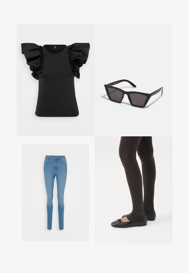 T-shirt noir à manches courtes avec de grandes manches en tissu transparent à volants. Fabriqué dans un matériau doux avec un col rond et un corps ajusté.; Jeans en denim bleu skinny à taille haute, avec des poches avant et une fermeture éclair. Présente un léger délavage et des détails de couture le long des coutures.; Jambes portant des leggings côtelés foncés associés à des ballerines noires avec de petits détails en nœud sur fond blanc.; Lunettes noires angulaires avec des verres gris ; fabriquées en plastique, avec des branches épaisses à la surface lisse et sans matériel visible.