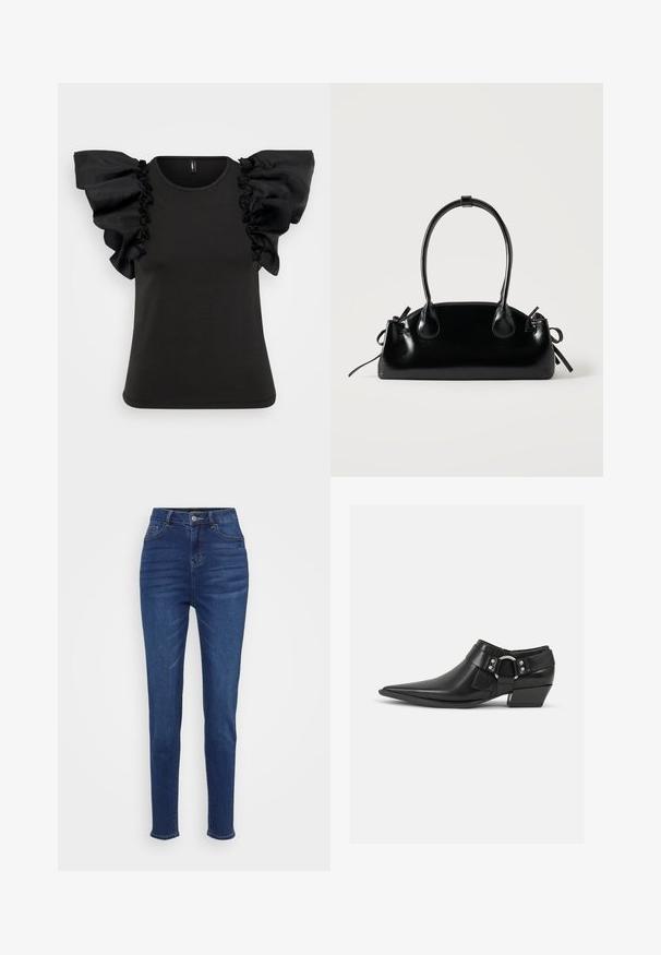 Camiseta negra de manga corta con grandes mangas de tela transparente con volantes. Hecha de material suave, con un escote redondeado y un cuerpo ajustado.; Jeans de tiro alto y corte ajustado en denim azul oscuro. Cuenta con cinco bolsillos, presillas para el cinturón y un cierre de botón, con un leve desgastado a lo largo de las piernas.; Botas de cuero negras hasta el tobillo con puntera puntiaguda, que presentan una correa de cuero en la parte delantera y un detalle de hebilla plateada, además de un tacón bajo y cuadrado.; Pequeño bolso negro brillante con dos asas largas y detalles de cordón lateral sobre un fondo claro liso.