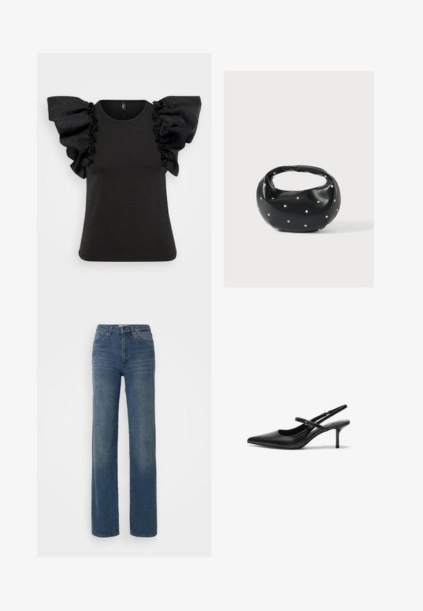 Camiseta negra de manga corta con grandes mangas de tela transparente con volantes. Hecha de material suave, con un escote redondeado y un cuerpo ajustado.; Jeans rectos de cintura alta en azul, con bolsillos frontales, pasadores para cinturón, cierre de botón y cremallera. Detalles ligeramente deslavados en los muslos.; Zapatos de tacón slingback de cuero negro con punta afilada, correa ajustable delgada y un tacón de aguja de aproximadamente 5 cm, textura suave.; Bolso de mano de cuero negro con forma redondeada, decorado con detalles de tachuelas plateadas y un asa corta. Textura lisa y cierre con cremallera.