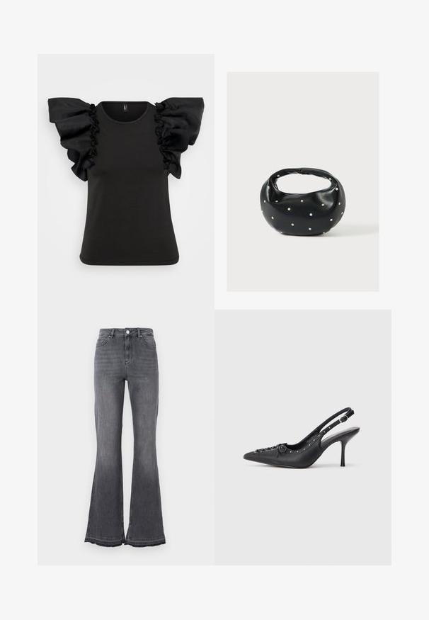 T-shirt noir à manches courtes avec de grandes manches en tissu transparent à volants. Fabriqué dans un matériau doux avec un col rond et un corps ajusté.; Jean flare taille haute en denim noir délavé. Doté d'une fermeture par bouton, d'un design à cinq poches et de détails à ourlet effiloché.; Escarpin en cuir noir à talon aiguille avec un bout pointu, une bride latérale à boucle, des clous le long du bord et un laçage décoratif à l'avant.; Sac à main en cuir noir de forme arrondie, décoré de clous argentés et équipé d'une poignée courte. Texture lisse et fermeture éclair.