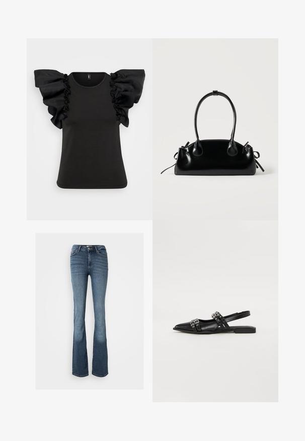 Sort kortærmet t-shirt med store, rynkede, gennemsigtige ærmer. Lavet af blødt materiale med rund halsudskæring og tætsiddende pasform.; Bootcut jeans lavet af blåt denim. Har en mid-rise talje, fem lommer, diskrete syninger og et let falmet udseende på benene.; Even&Odd by Zalando Slingback-ballerinasko - black; Lille sort blank håndtaske med to lange håndtag og snøre-detaljer i siden på en ensfarvet lys baggrund.