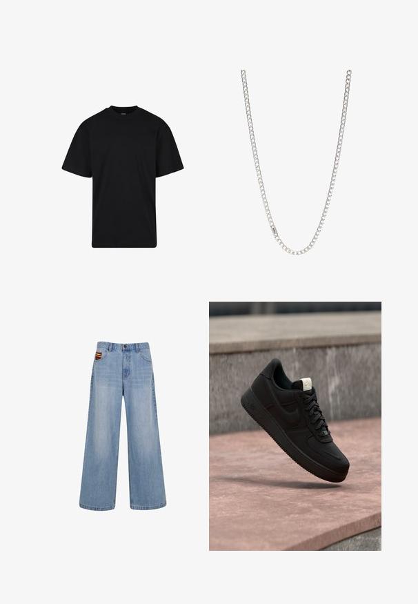 Sort T-shirt med korte ærmer og rund hals, afslappet pasform, ensfarvet design uden synlige logoer eller mønstre.; Lyseblå vide jeans med høj talje og en lille farverig vævet detalje, der stikker frem fra den højre forlommer.; Sort Nike Air Force 1 sneaker, der svæver over en lyserød betonforkant med en grå stenet baggrund, som viser sidde- og topdetaljer.; Sølv kædedesign med sammenkoblede led, glat tekstur og ensartet rektangulær form. Sikker lukning.