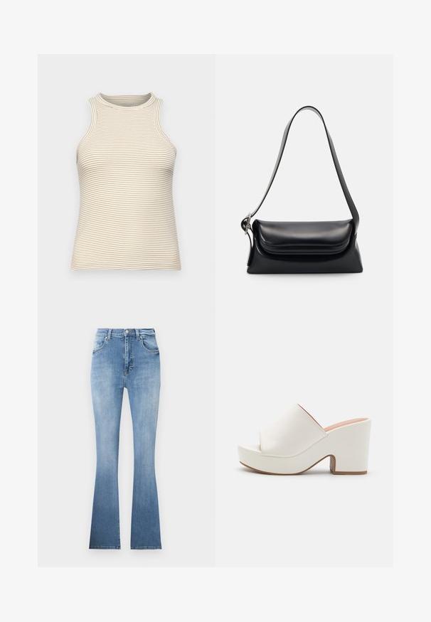 Ärmelloses Oberteil mit hohem Kragen, aus strukturiertem Stoff mit dünnen horizontalen beige- und weißen Streifen. Taillierte Passform, keine sichtbaren Beschläge.; Helle blaue Schlagjeans aus Denim, mit hoher Taille, Fronttaschen und einem dezenten Verlauf zum Saum. Mit hellem Nähen.; Weiße Plateau-Pantoletten mit einer glatten Oberfläche, offenem Zehendesign und einem klobigen Absatz. Merkmale sind eine subtile obere Naht und eine kontrastierende Sohle.; Schwarze Lederhandtasche mit strukturiertem Design, glatter Textur und einem einzelnen Schulterriemen. Verfügt über ein dezentes, abgerundetes Klappendesign.