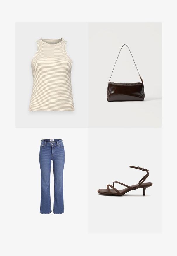 Udenærmet top med høj krave, lavet af tekstureret stof med tynde vandrette beige og hvide striber. Tætsiddende design, ingen synlig hårdware.; Mørkeblå jeans i denim med høj talje, brede ben og et traditionelt fem-lomme design. Har synlig syning og lukning med en frontknap.; Brun højhælet sandal med tynde krydsede stropper og en ankelrem med en sølvspænde på en hvid baggrund.; Mørkebrun rektangulær læder skuldertaske med en enkelt tynd rem og spænde i guldton på en ensfarvet baggrund.
