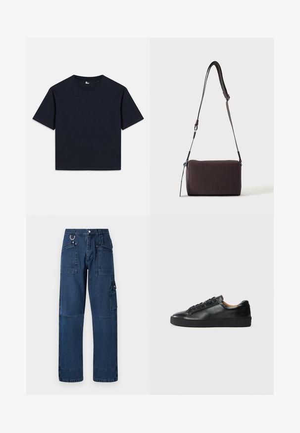 Mørkeblå kortærmet t-shirt lavet af bomuld. Rund halsudskæring med lige søm og minimal branding i nederste venstre hjørne.; Mørkeblå denim cargo bukser med lige snit, der har flere lommer, metalbeslag og kontraststikningsdetaljer.; Sorte lædersneakers med en glat overflade, rund tå og snørebåndslukning. Har en tyk gummisål og minimal branddetalje.; Mørkebrun textured læder crossbody taske med justerbar rem og lille dekorativ blå accent på siden.