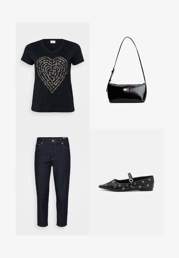 Sort V-hals T-shirt med et hjerteformet tekstdesign i lys beige, der indeholder ord om kærlighed, medfølelse og forpligtelse i kursiv.; Mørkeblå denim jeans med lige ben, frontlommer, bæltesløjfer og knaplukning foran, præsenteret mod en neutral baggrund.; Sort læder fladsko med spids tå, prydet med dekorative sølv øjer og et justerbart bånd over anklen.; Sort patenteret læder skuldertaske med en buet rem, lynlåslukning og et rektangulært logo patch i rød, hvid og blå.