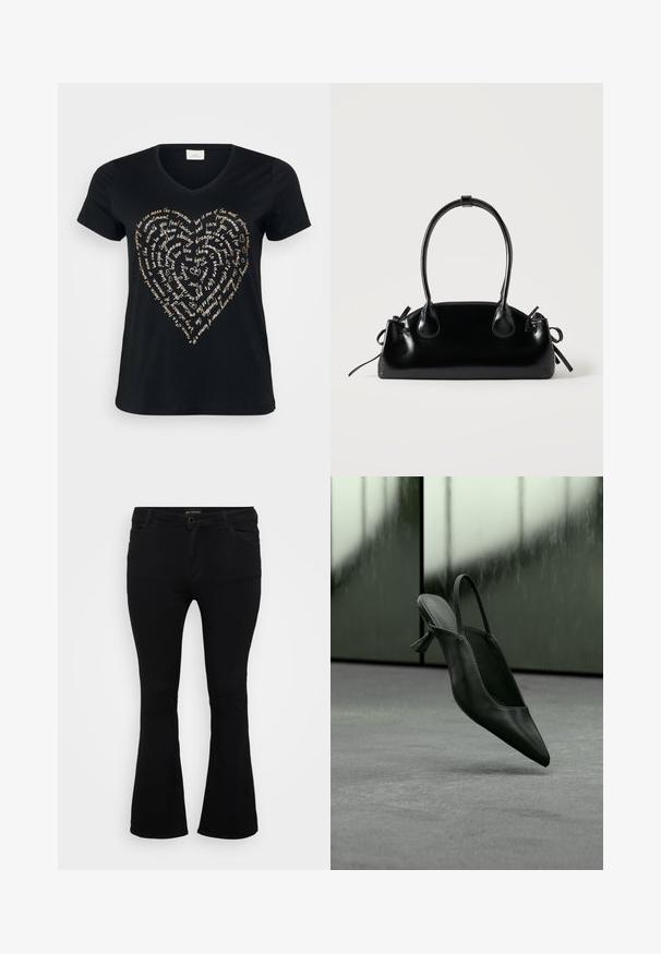 Schwarzes V-Ausschnitt-T-Shirt mit einem herzförmigen Textdesign in hellbeige, das Worte über Liebe, Mitgefühl und Engagement in Schreibschrift zeigt.; Schwarze Schlagjeans aus Denim mit Knopfverschluss, fünf Taschen und einer glatten Textur. Klassisches Design mit ausgestellt geschnittenem Saum.; Schwarzer Slingback-Highheel aus Leder mit spitzer Schuhspitze, schwebt über grauem Teppichboden, unscharfer grünlicher Wandhintergrund.; Kleine schwarze glänzende Handtasche mit zwei langen Griffen und seitlichen Kordelzug-Details vor einfachem hellem Hintergrund.