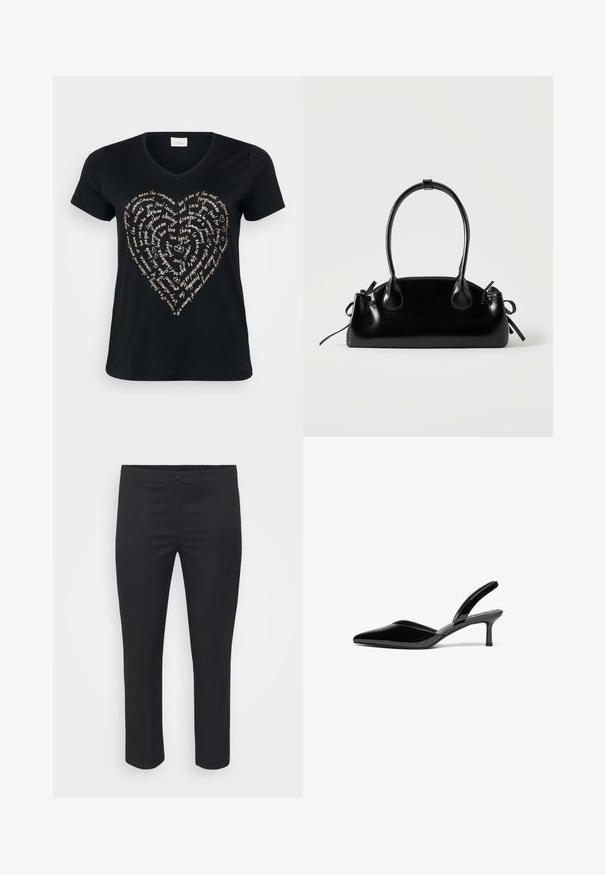 Sort V-hals T-shirt med et hjerteformet tekstdesign i lys beige, der indeholder ord om kærlighed, medfølelse og forpligtelse i kursiv.; Sorte skræddersyede bukser med en glat tekstur, medium høj talje og cropped længde. Har en frontknaplukning og rene linjer.; Sorte patentlæder slingback hæle med spids tå, lav stiletto hæl og et elegant, enkelt design uden pynt.; Lille sort blank håndtaske med to lange håndtag og snøre-detaljer i siden på en ensfarvet lys baggrund.