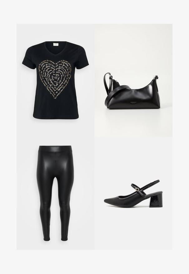 Zwart V-hals T-shirt met een hartvormig tekstontwerp in lichtbeige, met woorden over liefde, medeleven en toewijding in cursief.; Zwarte leggings van een glad, glanzend materiaal. Hoge tailleband, strakke pasvorm en geen zichtbare naden of patronen.; Zwarte gepolijste leren slingback hakken met een spitse neus, een ronde uitsnede en een blokhak. Voorzien van een gouden gespaccent.; Zwarte leren handtas met een gladde textuur. Beschikt over een verstelbare schouderband en een strak, minimalistisch ontwerp met een ritssluiting.