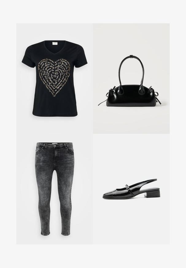 Schwarzes V-Ausschnitt-T-Shirt mit einem herzförmigen Textdesign in hellbeige, das Worte über Liebe, Mitgefühl und Engagement in Schreibschrift zeigt.; ONLY Carmakoma CARRUSH MID WAIST - Jeans Skinny Fit - grey denim; Schwarzer Slingback-Schuh aus Lackleder mit niedrigem Blockabsatz und dünnem Riemen mit silberner Schnalle oben.; Kleine schwarze glänzende Handtasche mit zwei langen Griffen und seitlichen Kordelzug-Details vor einfachem hellem Hintergrund.