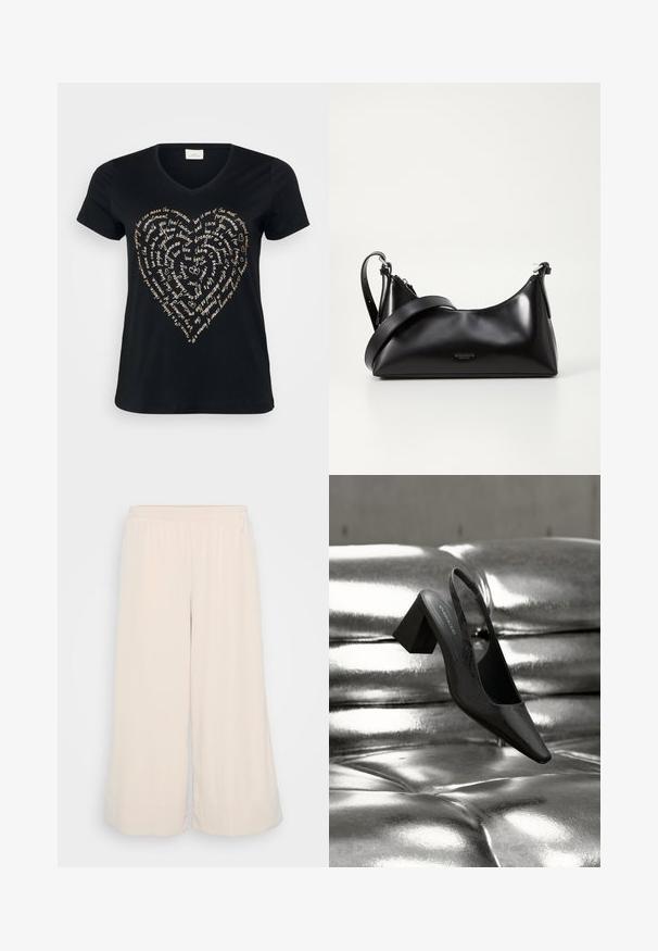 Sort V-hals T-shirt med et hjerteformet tekstdesign i lys beige, der indeholder ord om kærlighed, medfølelse og forpligtelse i kursiv.; Lys beige brede bukser lavet af blødt, struktureret stof. Elastisk talje med en ren finish ved kanten. Simpelt design uden lommer.; Sort slingback-hæl med spids tå, der har en tekstureret overflade og en chunky blokhæl. Lagt mod en skinnende, metallisk baggrund.; Sort læderhåndtaske med en glat tekstur. Har en justerbar stropp og et enkelt, minimalistisk design med lynlås.