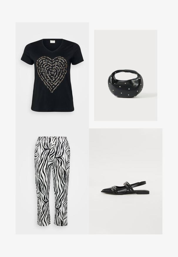Zwart V-hals T-shirt met een hartvormig tekstontwerp in lichtbeige, met woorden over liefde, medeleven en toewijding in cursief.; Zwart-wit gestreepte broek met een vloeiende pasvorm, elastische tailleband en iets uitlopende pijpen met een gestructureerde afwerking.; Even&Odd by Zalando Slingback ballerina´s - black; Zwarte leren handtas met een afgeronde vorm, versierd met zilveren studs, en een korte handgreep. Gladde textuur en ritsluiting.