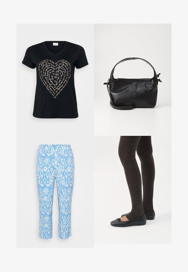Sort V-hals T-shirt med et hjerteformet tekstdesign i lys beige, der indeholder ord om kærlighed, medfølelse og forpligtelse i kursiv.; Lysblå capri bukser med et hvidt geometrisk mønster. Fremstillet af et blødt, strækbart materiale med en elastisk talje.; Ben iført mørke ribbede leggings kombineret med sorte balletsko med små sløjfedetaljer på hvid baggrund.; Sort læderhåndtaske med et struktureret design, rund tophåndtag og aftagelig skulderrem. Den har en glat tekstur og en subtil glans.