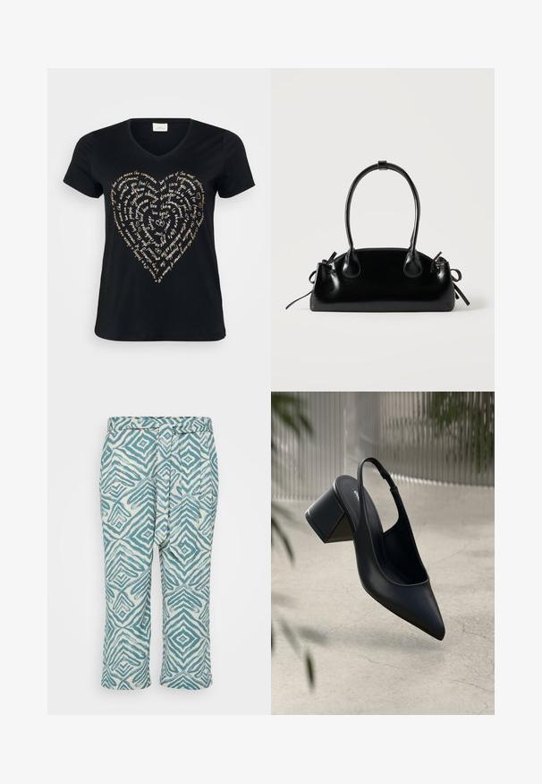 Sort V-hals T-shirt med et hjerteformet tekstdesign i lys beige, der indeholder ord om kærlighed, medfølelse og forpligtelse i kursiv.; Lette cropped bukser med et geometrisk blåt og hvidt mønster, med en bundet talje og glat tekstur.; Sort læder slingback hæl med spids tå og blokhæl. Glat tekstur, minimalistisk design og justerbar ankelrem.; Lille sort blank håndtaske med to lange håndtag og snøre-detaljer i siden på en ensfarvet lys baggrund.