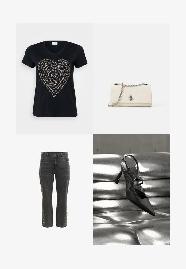 Sort V-hals T-shirt med et hjerteformet tekstdesign i lys beige, der indeholder ord om kærlighed, medfølelse og forpligtelse i kursiv.; Sorte høj talje lige jeans med metalknap, forlommer og små sølvnitter langs de ydre sidesømme.; Sort højhælet sko med spids tå og åben hæl. Har tynd ankelrem og tekstureret sål. Elegant, minimalistisk design fremhævet af en skinnende metallisk baggrund.; Hvid læderhåndtaske med en sølvfarvet kædetras og en karakteristisk frontlukning. Glat overflade og rektangulær form med afrundede kanter.