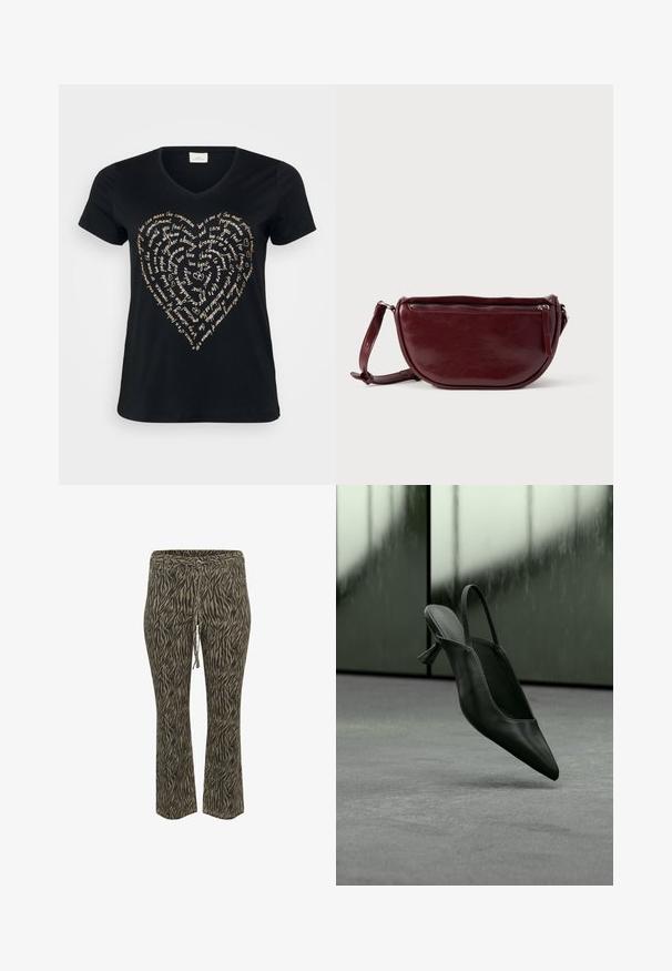 Sort V-hals T-shirt med et hjerteformet tekstdesign i lys beige, der indeholder ord om kærlighed, medfølelse og forpligtelse i kursiv.; Buks med elastisk talje og snøre i khaki og beige zebra mønster. Mellemhøj talje, flared ben design, blød tekstur. Velegnet til afslappet brug.; Sort læder slingback højhælet sko med spids tå svævende over gråt tæppe, sløret grønlig væg i baggrunden.; Vinrød læderhåndtaske med halvmåneform, lynlås og aftagelig rem. Glat tekstur med en subtil glans.