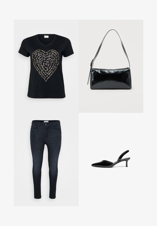 Sort V-hals T-shirt med et hjerteformet tekstdesign i lys beige, der indeholder ord om kærlighed, medfølelse og forpligtelse i kursiv.; Mørkeblå skinny jeans med en glat overflade, der har et klassisk fem-lomme-design og en lynlås med knaplukning.; Sorte patentlæder slingback hæle med spids tå, lav stiletto hæl og et elegant, enkelt design uden pynt.; Sort rektangulær skuldertaske med en enkelt justerbar rem og lynlås i toppen på en ensfarvet baggrund.