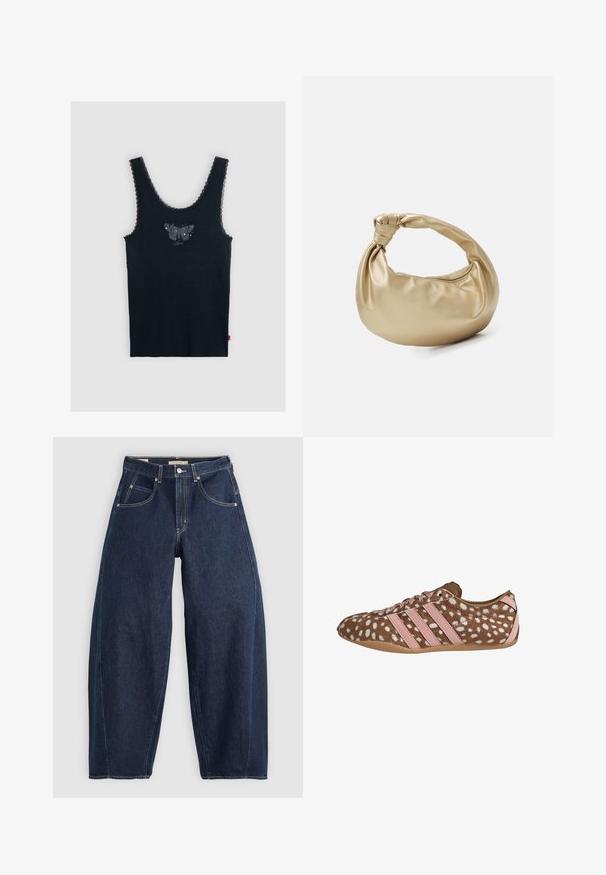 Schwarzes ärmelloses Tanktop mit Spitzenbesatz an den Trägern und einem dunklen Schmetterlingsmotiv in der Mitte der Brust.; Dunkelblaue Denim-Jeans mit lockerer Passform, heller Naht, fünf Taschen und einem Knopfverschluss am Bund.; Niedrig geschnittener brauner Sneaker mit weißen Flecken, hellrosa Streifen und Schnürsenkeln, mit einer strukturierten Sohle und glatter Fersenschlaufe.; Goldfarbene Metall-Handtasche mit glatter, glänzender Textur. Verfügt über einen geknoteten Griff und eine abgerundete, weiche Form. Reißverschlussverschluss an der Oberseite.