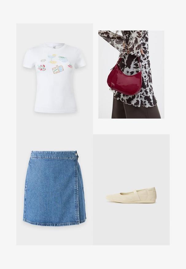 Valkoinen T-paita, jossa on värikkäitä viivapiirroksia kirsikkatomaateista, cocktaillasista sitruunalla, sardiinipurkista, yrteistä ja pienestä oliiviaterian lisukkeesta.; Denim mini hame, jossa on sininen pesu, etupuolella läppä, kaksi metallinappia ja näkyvä ompelu helman ja reunojen ympärillä.; Beige ballerinat kengät, joissa on sileä nahka-aines, mantelinmuotoinen kärki ja joustava nauha jalkapöydän ympärillä, sisältäen hillittyjä ompeluyksityiskohtia.; Nainen, jolla on mustavalkoinen kuviollinen pusero, pitää kiiltävää punaista olkalaukkua yksiväristä taustaa vasten.
