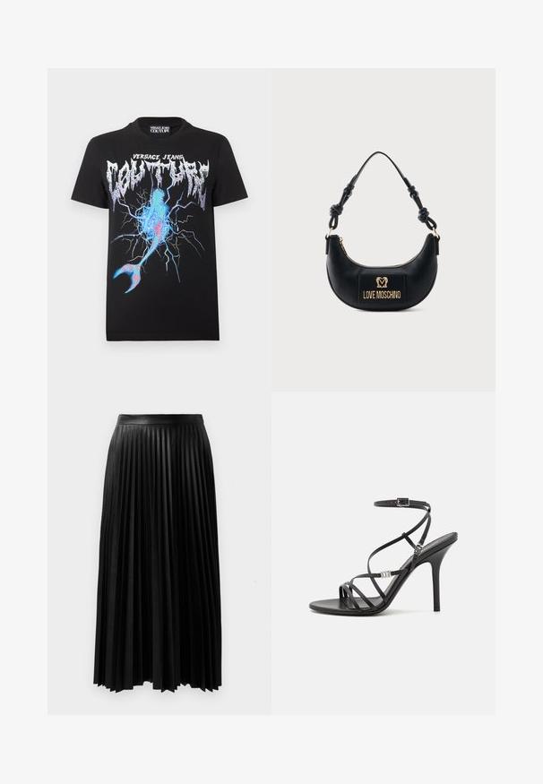 Musta Versace Jeans Couture -t-paita, jossa on metallinen logo ja sininen sekä pinkki salamakuva, joka muistuttaa halkeillutta pintaa ja merenneidon häntää.; Mustat poimutetut hameet, jotka on valmistettu rakenteellisesta materiaalista, jossa on tiukka vyötärö ja pitkät, virtaavat poimut, jotka ulottuvat puoliväliin säärtä.; Musta korkokenkä sandaali ohuilla nauhoilla, nilkkakannalla, sileällä nahkapinnalla ja hoikalla stiletto-korkealla.; Musta puolikuun muotoinen käsilaukku, jossa solmittu kahva ja kullanvärinen "Love Moschino" -logoplaatti edessä, vetoketjusulkeminen ylhäällä.