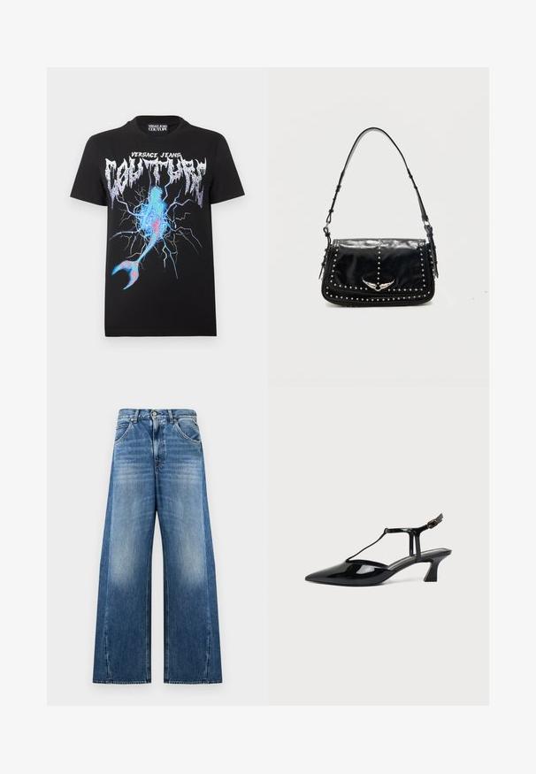 T-shirt noir Versace Jeans Couture avec logo métallique et graphisme éclair bleu et rose ressemblant à une surface fissurée et une queue de sirène.; Jean en denim bleu à jambes larges avec taille haute, zones avant des cuisses décolorées, poches avant, fermeture par boutons et passants de ceinture sur fond blanc.; Chaussure slingback en cuir verni noir à bout pointu avec bride en T et petit talon bloc incliné sur fond blanc.; Sac à épaule en cuir noir avec des clous argentés et un emblème métallique ailé sur le rabat avant sur fond uni.