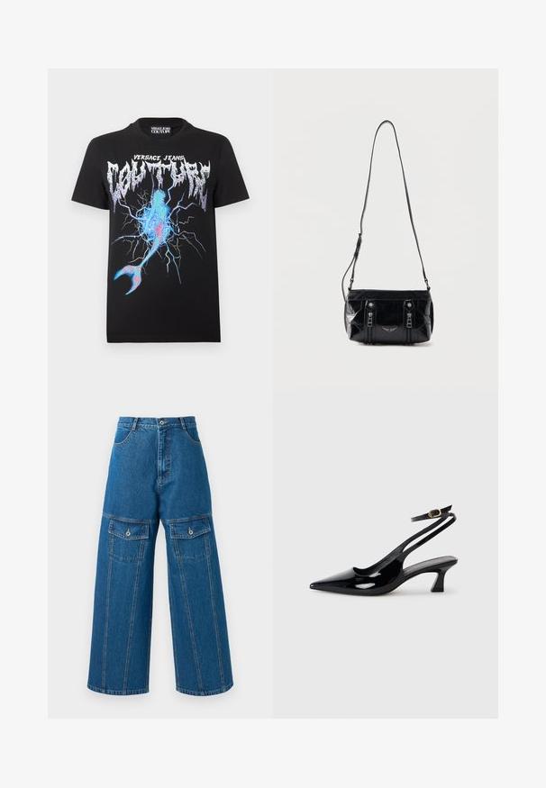 Must Versace Jeans Couture T-särk metallilise logoga ja sinise, roosa välgu graafikuga, mis meenutab pragunenud pinda ja merineitsi saba.; Heledad denim püksid helesinises toonis, millel on kõrge vöökoht, nähtavad õmblused ja kaks nööbiga klapp-taskut igal küljel.; Must mustaga nahk kätkepad jalatsid terava ninaga, madala ploki kontsaga ja reguleeritava pahkluu rihmaga, millel on kuldne pandla.; Must nahast õlakott reguleeritava rihmaga, kahe vertikaalse esilukuga ja väikese metallist tiivaloomingu embleemiga lukukeste all.
