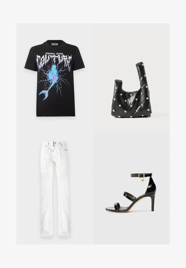 Sort Versace Jeans Couture t-shirt med metallisk logo og blå, pink lyn-grafik, der ligner en revnet overflade og en havfruetale.; Hvide jeans med en struktureret finish, prydet med blå sprøjt, lige ben, frontlommer og en bæltesløjfe på taljen.; Sorte patenterede lædersandaler med tre stropper, ankelspænde og 10 cm stiletthæl. Har detaljer i guld og et logo charms.; Sort lædertaske med en blød tekstur, der har runde top-håndtag og metallisk perleaccent på overfladen. Kompakt, struktureret form.