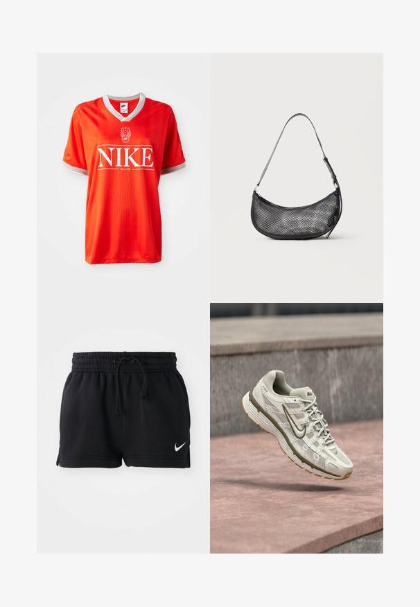 Červený dres Nike s výstrihom do V, šedým lemovaním na rukávoch a veľkým bielym logom "NIKE". Hladká, ľahká tkanina so jemným pruhovaným vzorom.; Čierne športové šortky vyrobené z mäkkej tkaniny, s elastickým pásom so šnúrkou, bočnými rozparkom a malým bielym logom na leme.; Behový topánka značky Nike v svetlo béžovej farbe s hornou časťou z priedušnej sieťoviny, sivými detailmi a textúrovanou gumovou podrážkou. Má polstrovaný golier a šnurovanie.; Malá čierna sieťovaná kabelka cez rameno v tvare polmesiaca s nastaviteľným tenkým remienkom, na jednoduchom svetlom pozadí.