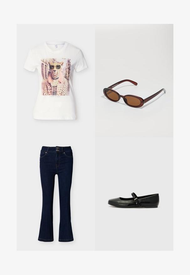 Hvid T-shirt med en gepard iført solbriller og en lyserød pletfrakke, sat op mod en bygade som baggrund.; Mørkeblå denim flare jeans med dobbelt knaplukning i taljen og forlommer, vist på en ensfarvet lys baggrund.; Sorte læder balletflade med rund tå, flad sål og en tynd justerbar rem over svangen med en metalspænde.; Runde, bruntonede solbriller med en glansfuld bordeauxramme. Slanke arme med diskret brandingdetalje. Flad linsedesign.