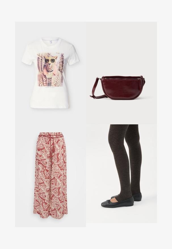 Hvid T-shirt med en gepard iført solbriller og en lyserød pletfrakke, sat op mod en bygade som baggrund.; Vero Moda Petite VMBALI WIDE PANTS - Bukser - marsala; Ben iført mørke ribbede leggings kombineret med sorte balletsko med små sløjfedetaljer på hvid baggrund.; Vinrød læderhåndtaske med halvmåneform, lynlås og aftagelig rem. Glat tekstur med en subtil glans.