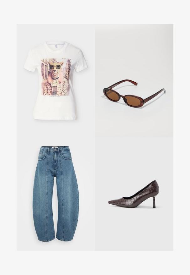 Hvid T-shirt med en gepard iført solbriller og en lyserød pletfrakke, sat op mod en bygade som baggrund.; Lyseblå højaldene jeans lavet af denim, med bred benklip, fem lommer og syningsdetaljer. Glat tekstur med et rent finish.; Brune kunstlæder stiletter med spidse tæer og krokodilletekstur, der har en slank, vinklet hæl og en glat inderside.; Runde, bruntonede solbriller med en glansfuld bordeauxramme. Slanke arme med diskret brandingdetalje. Flad linsedesign.