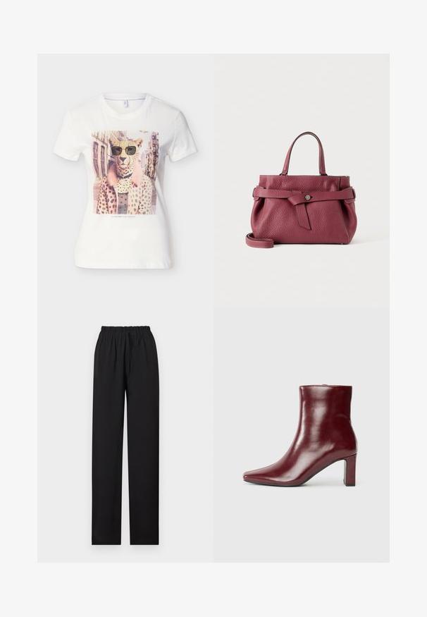 T-shirt blanc arborant un guépard portant des lunettes de soleil et un manteau rose à pois, sur fond de rue de la ville.; Pantalon noir à jambes droites avec ceinture élastique et cordon de serrage, présenté à plat sur un fond blanc.; Bottine en cuir bordeaux avec un bout pointu et un talon carré. Texture lisse avec une silhouette élégante et des lignes épurées.; Sac à main en cuir texturé bordeaux avec des poignées courtes, une sangle avant avec un bouton-pression et une bandoulière amovible sur un fond uni.