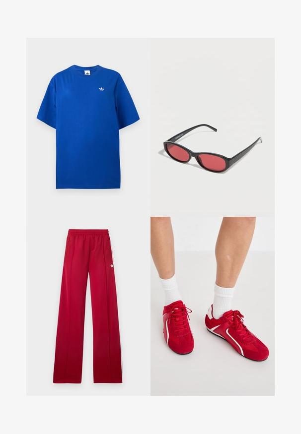 Μπλε κοντομάνικο T-shirt Adidas με στρογγυλή λαιμόκοψη και μικρό λευκό λογότυπο Adidas trefoil στο αριστερό μέρος του στήθους.; Κόκκινο παντελόνι φόρμας με φαρδιά γραμμή, ελαστική μέση, πλαϊνές τσέπες με φερμουάρ, λευκές ρίγες στα πλαϊνά και μικρό λευκό λογότυπο στο αριστερό μπούτι.; Κόκκινα αθλητικά παπούτσια με λευκές λεπτομέρειες, κατασκευασμένα από σουέντ και διχτυωτό υλικό. Διαθέτουν σχέδιο με κορδόνια και υφασμάτινες σόλες για καλύτερη πρόσφυση.; Μαύρα οβάλ γυαλιά ηλίου με λεπτούς βραχίονες και κόκκινα φακούς, τοποθετημένα πάνω σε λευκή επιφάνεια.