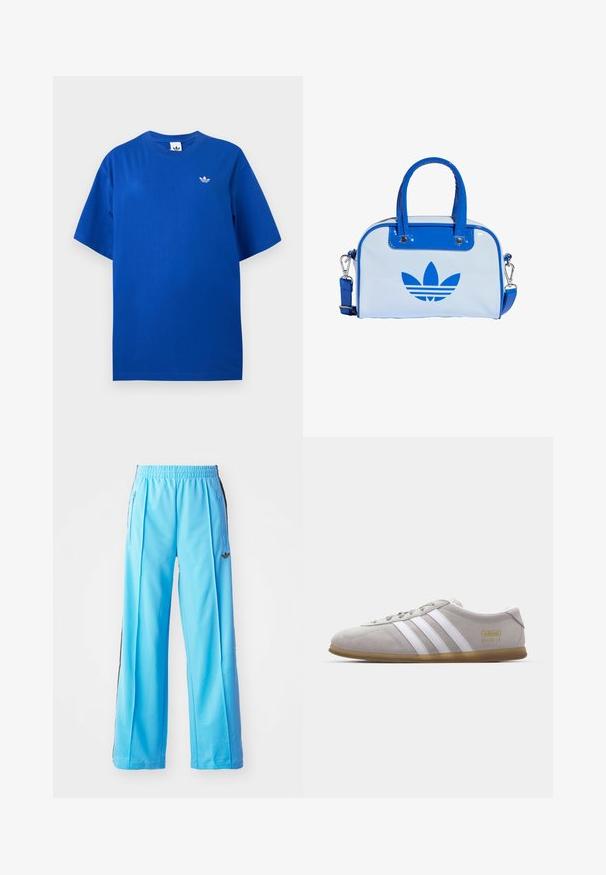 T-shirt Adidas bleu à manches courtes et col rond avec un petit logo blanc trefoil Adidas sur la poitrine gauche.; Pantalons de sport bleu clair avec une taille élastique, des zips latéraux et des accents noirs sur les côtés. Tissu doux avec un design ample et large.; Baskets en daim gris avec des rayures en cuir blanc et un logo doré. Semelle en gomme plate, bout rond et design classique à lacets.; Sac à main bleu et blanc avec une finition brillante, doté de deux poignées bleues, d'une bandoulière amovible et d'un logo bleu bien visible à l'avant.