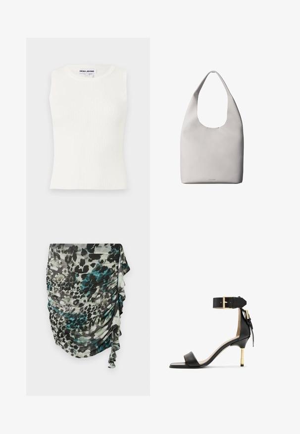 Hvid ærmeløs ribbet top med en rund halsudskæring, lavet af strækbart stof. Har et label med teksten "DKNY JEANS" ved kraven.; Rynket, let nederdel i nuancer af grøn, sort og grå med et leopardmønster og flæsedetaljer langs siden.; Sort læder hæl sandal med firkantet tå, ankelrem med en guldbuckle og en slank metallisk hæl. Glat tekstur, minimalistisk design.; Hvid lædertaske med ét skulderrem, blød tekstur og diskret Calvin Klein-logo nær bunden i midten.