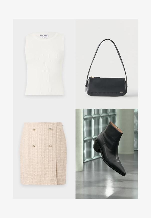 Hvid ærmeløs ribbet top med en rund halsudskæring, lavet af strækbart stof. Har et label med teksten "DKNY JEANS" ved kraven.; Beige tekstureret nederdel med et vævet mønster, der har to markante sølvknapper foran og en let asymmetrisk kant.; Sort læderankelstøvle med spids tå og blokhæl, der svæver over en reflekterende grå gulv nær en væg af glasblokke.; Sort rektangulær skuldertaske i læder med guld lynlås og lille guld "HUGO"-logo på fronten, med justerbar strop med spænde.