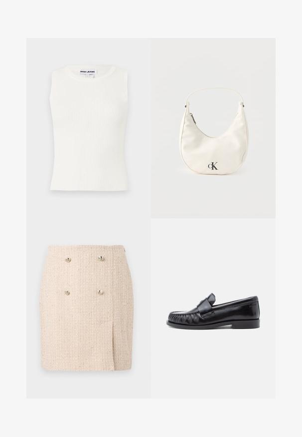 Witte mouwloze ribgebreide top met een ronde hals, gemaakt van rekbare stof. Beschikt over een label met de tekst "DKNY JEANS" op de kraag.; Beige textured rok met een geweven patroon, voorzien van twee opvallende zilveren knopen aan de voorkant en een licht asymmetrische zoom.; Zwarte leren loafers met een afgeronde neus, kenmerkende stiksels en een decoratieve band over de wreef. Gladde afwerking en lage hak.; Kleine witte handtas in de vorm van een halve maan met een kort hengsel, ritssluiting en zwart "cK" logo aan de voorkant.